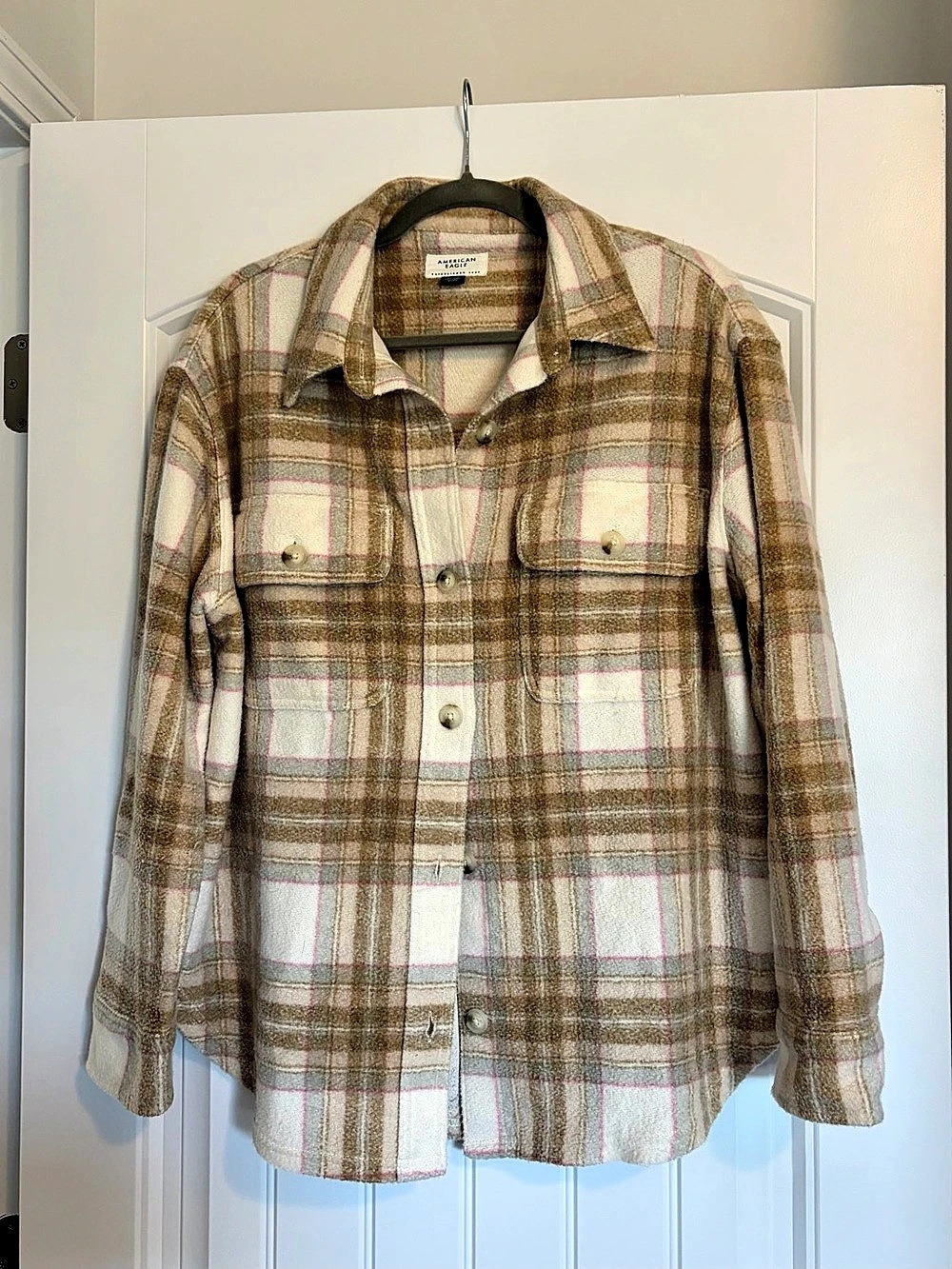 American Eagle Plaid Shirt in Brown & Cream with Pink Detail Size Small Like New